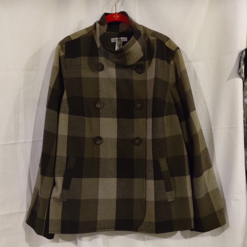 Black & Beige Plaid Double Breasted Jacket/Coat. By Liz Claiborne Size XL